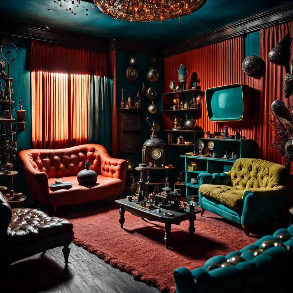 Detailed cozy living-room made of modeling clay, odd furnitures, nightmare, naïve, strong texture, odd beings, TV studio 1950's shot, extreme detail, Max Ernst, moody colors, sparkles, Yves Tanguy, odd