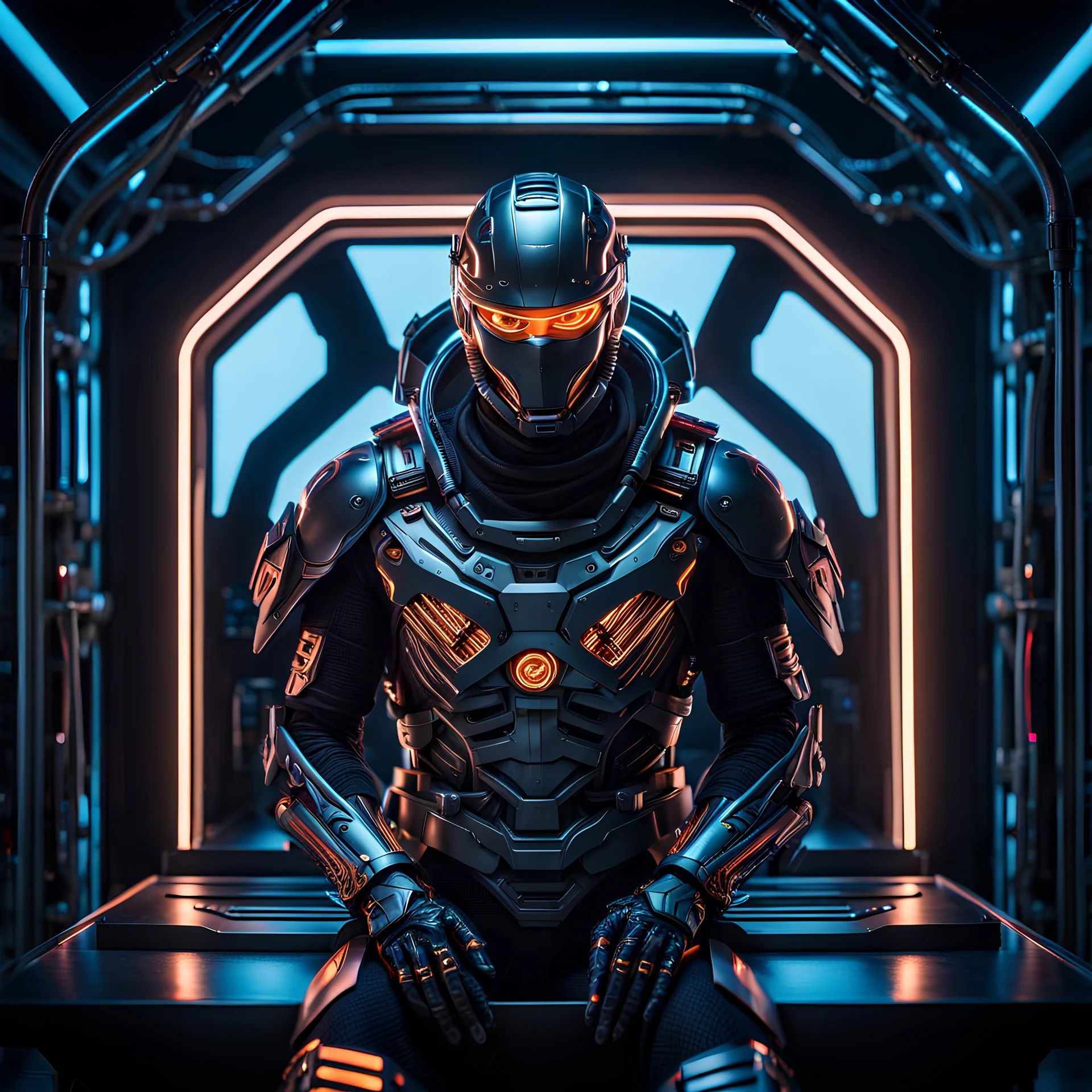 Ultra-detailed Ninja cyborg in a spaceship, with anthropomorphic cybernetic skeleton elements on metal armor, neon lights reflections, reflection mapping, intricate design and details, dramatic lighting, Cinematic lighting, Volumetric lighting, Epic composition, Photorealism, Bokeh blur, Very high detail, Sony Alpha α7iv, ISO1900, Character design, Unreal Engine, Octane render, HDR, Subsurface scattering, by addie digi