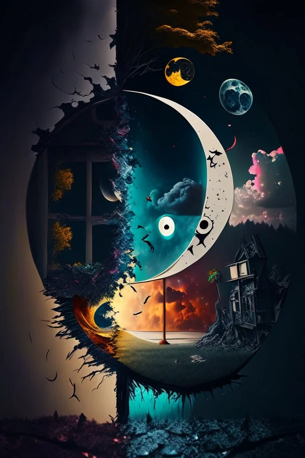 A surrealistic image of the irony of life, where funny and sad things are mixed together in an abstract way. The image is the best ever art creation, with 8k resolution and realistic details. It shows a contrast between the bright and dark sides of life, and how they are both essential and inevitable.