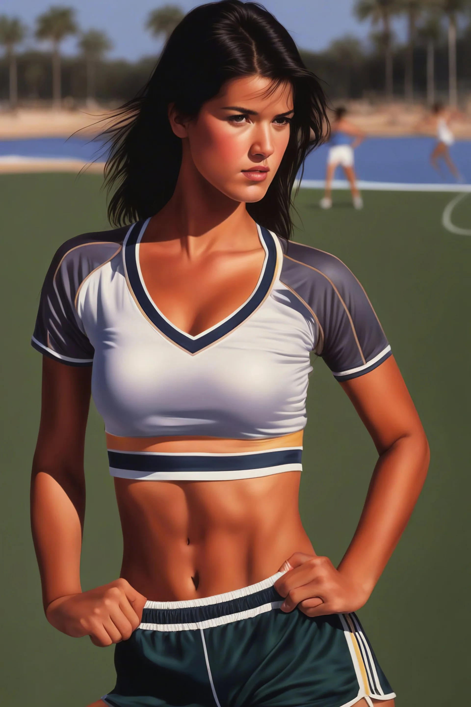 Photorealistic, hyperrealism, Dazzling, Complex, dramatic, bold, attractive Phoebe Cates, perfect, Athletic, toned body with tanned skin, perfectly formed body, wearing sports top and gym shorts, extremely detailed