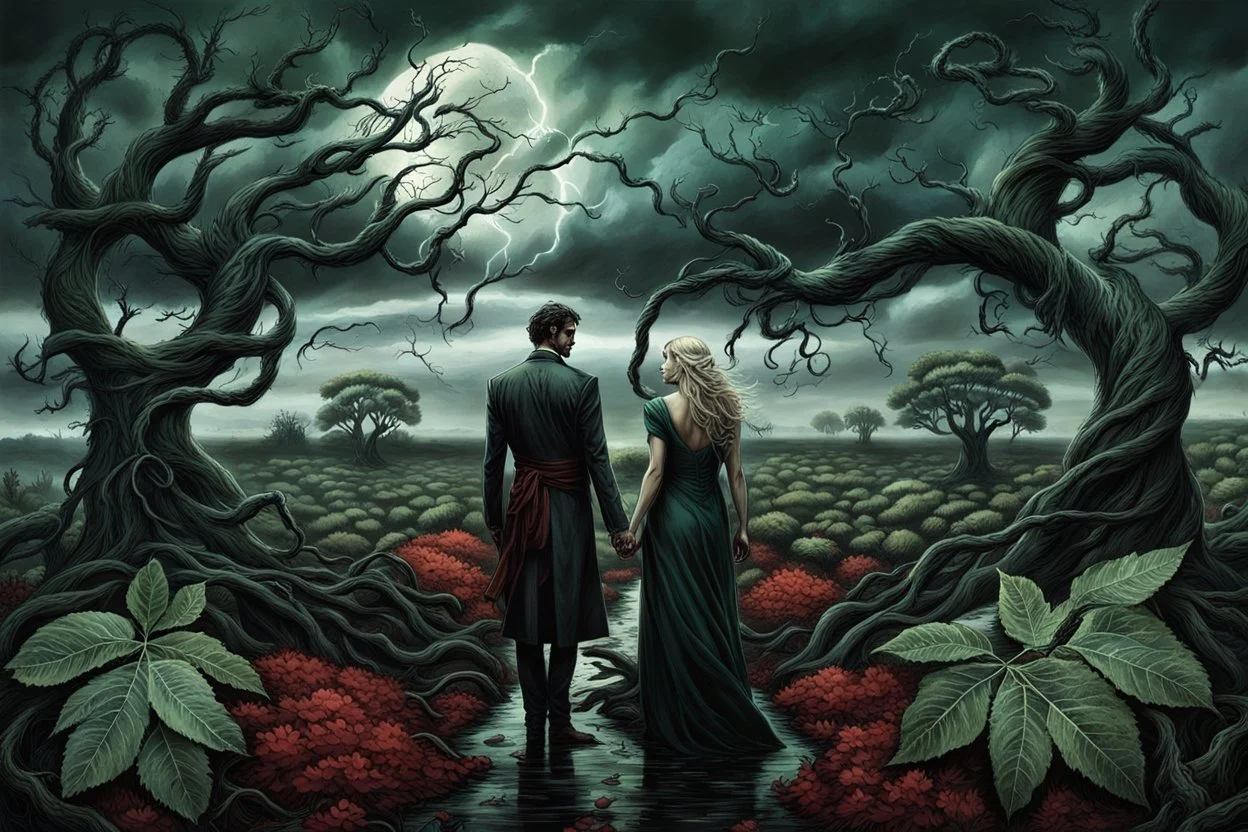 in a surreal landscape, dying, barren trees, twisting black tendrils, in front of broken, twisted bushes, a zombie couple stands sadly, pale skin and only dark green bay leaves cover their bodies, their chests and groins are covered by bay leaves, stormy sky, lightning, dark colors, gloomy, thriller mood