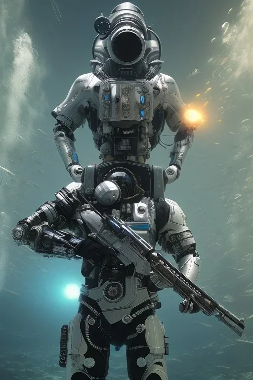 diver like a cyborg,with the gun,hi quality detail,hi quality textures,cinematic,realistic,aggressive