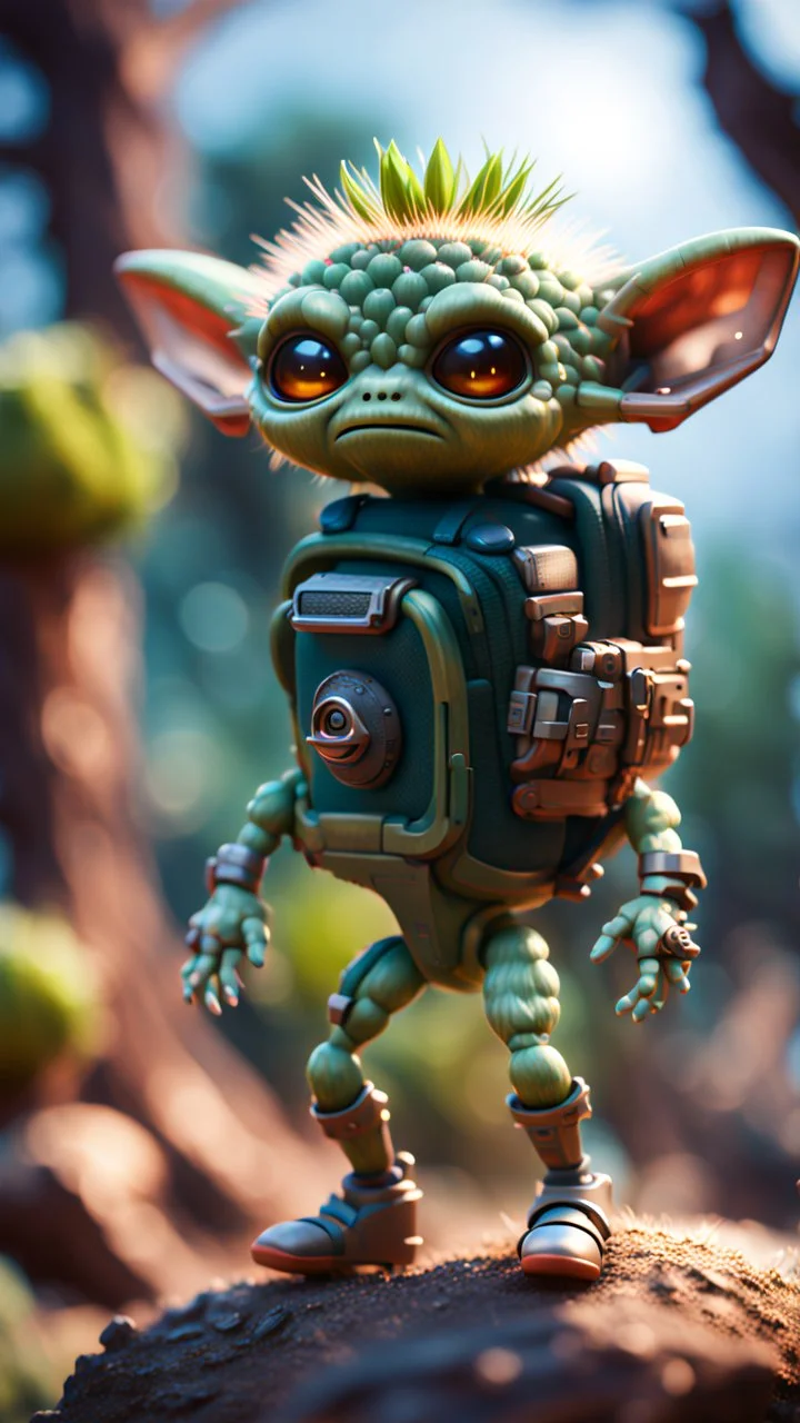 cactus alien gremlin with rocket backpack and a stone club launcher in high tree,bokeh like f/0.8, tilt-shift lens 8k, high detail, smooth render, down-light, unreal engine, prize winning