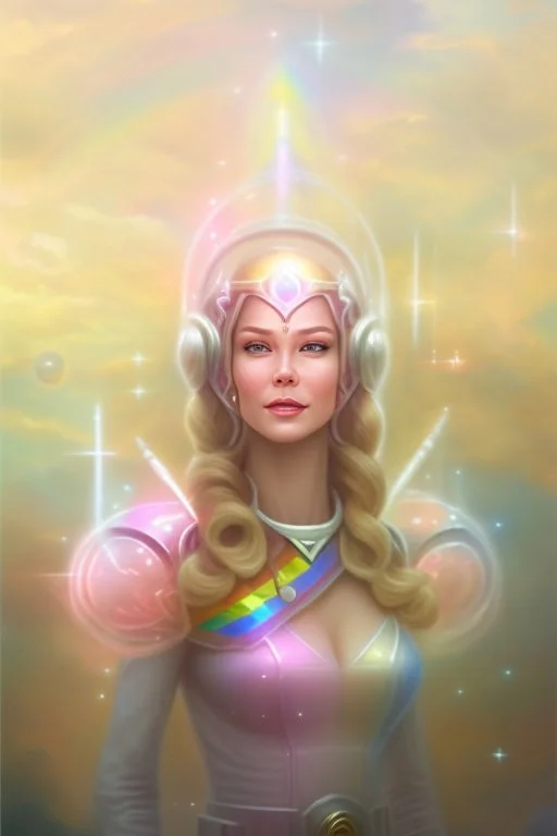 cosmic woman smile, admiral from the future, one fine whole face, crystalline skin, expressive blue eyes,rainbow, smiling lips, very nice smile, costume pleiadian, Beautiful tall woman pleiadian Galactic commander, ship, perfect datailed golden galactic suit, high rank, long blond hair, hand whit five perfect detailed finger, amazing big blue eyes, smilling mouth, high drfinition lips, cosmic happiness, bright colors, blue, pink, gold, jewels, realist, high commander,ufo rainbows