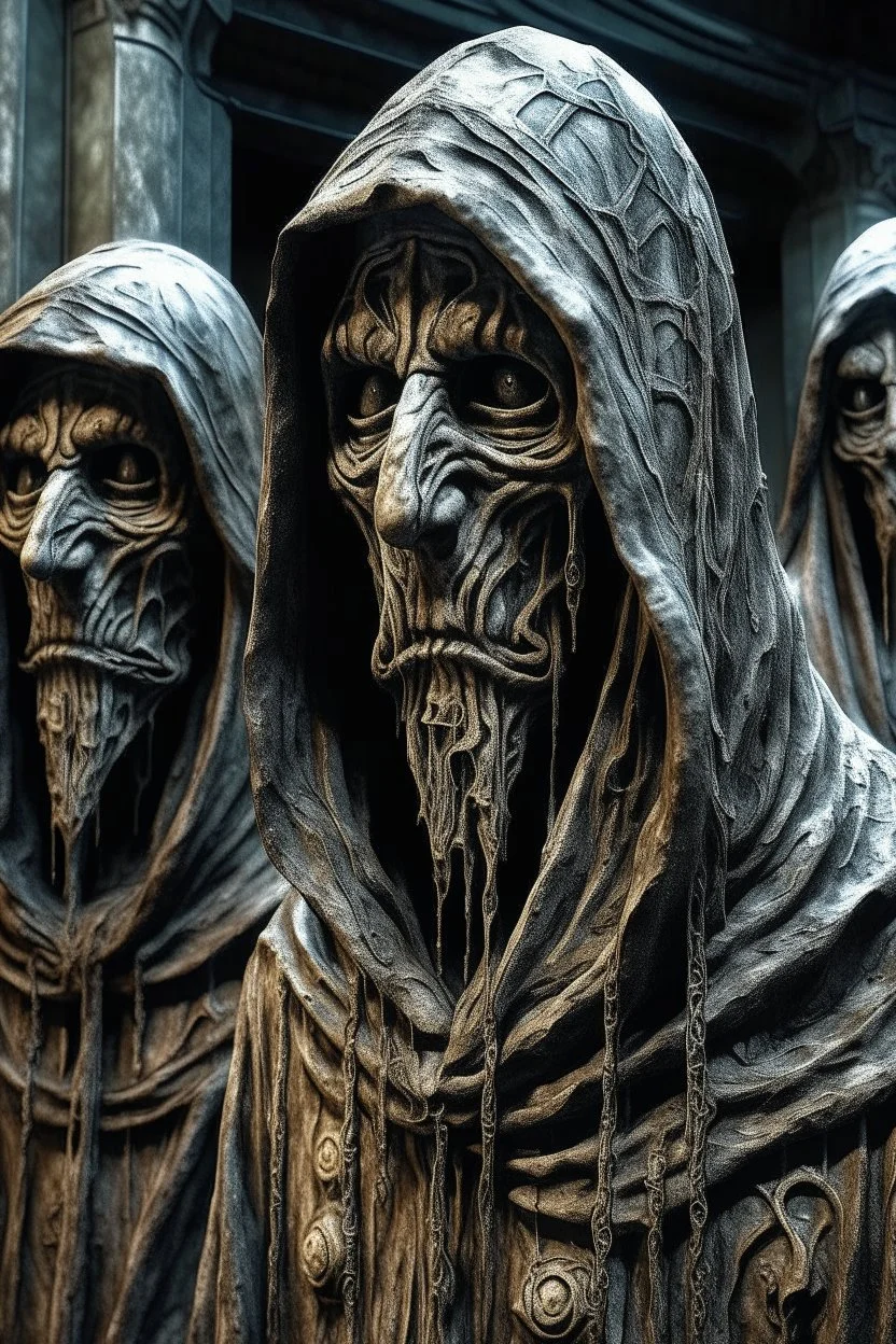 sculpture of a scary hooded priests Multiple faces . decayed and rotting with grotesque proportions and imagery. abstract grotesqueries, detailed texture, surreal horror, biomechanical design, by hr giger and beksinski