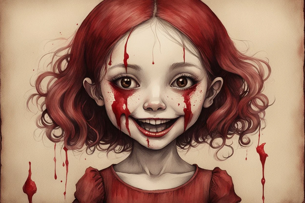 body anormal, smile blood, girl cute, watercolor illustration by <John Kenn Mortensen>, darkred tones,