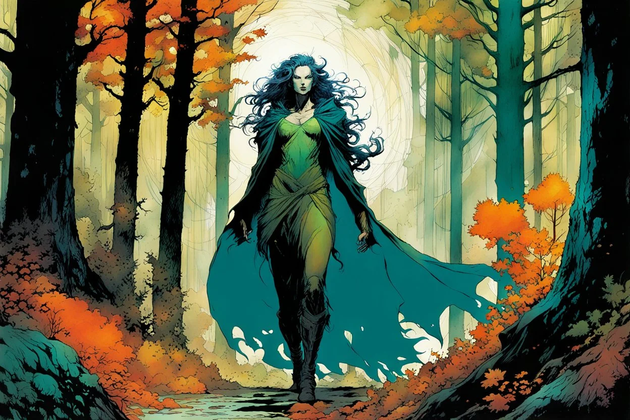 create a wildly conceptual full body print illustration of a feral mage with highly detailed hair and feminine facial features, in an ethereal, otherworldly ,ancient autumn forest , in the comic book art style of Bill Sienkiewicz, Mike Mignola, Sparth, and Jean Giraud Moebius, finely drawn, colored, and inked, suffused with dramatic natural light and shadow of sunset