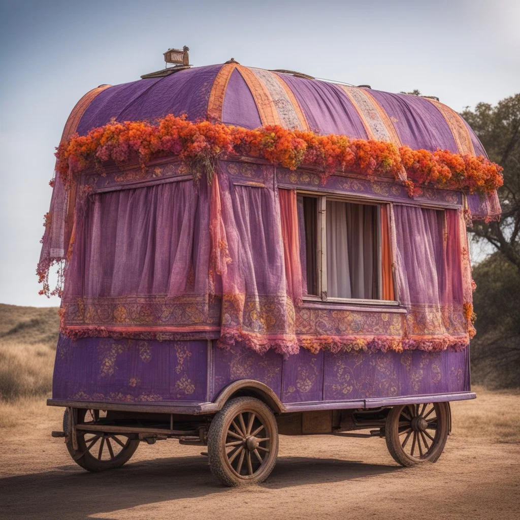 Old fashioned purple, orange and pink gypsy wagon decorated, curtains fluttering in the wind