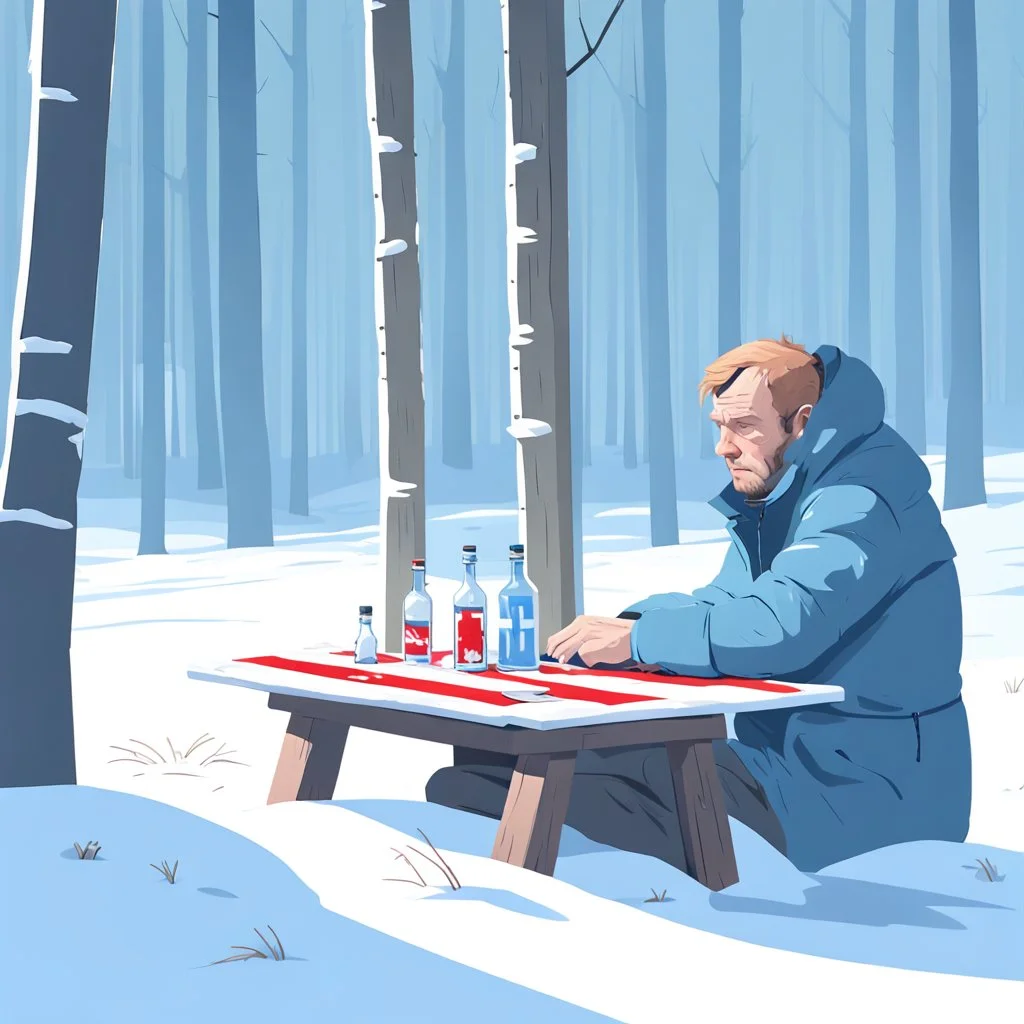 a sad depressed Finnish man with his empty plate, outside his house in the forest, Winter, snow, very cold, Finnish flag at half way up, Finnish flag, a bottle of Vodka in his hand, knifes and sauna, Simon Stålenhag style, lying empty vodka bottles on ground, graveyard with crosses