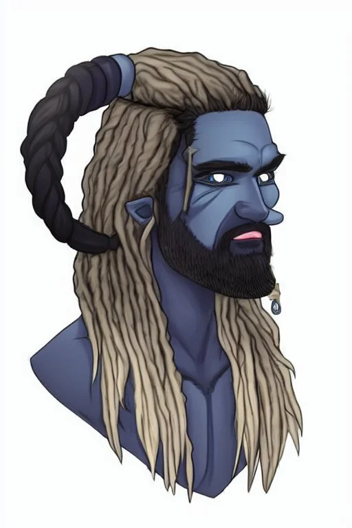 A tieffelin with blue skin and white Dreadlock hair. His pupil-less eyes are green. He wears a small beard. His horns are black and curved backwards. He wears a beige tunic.