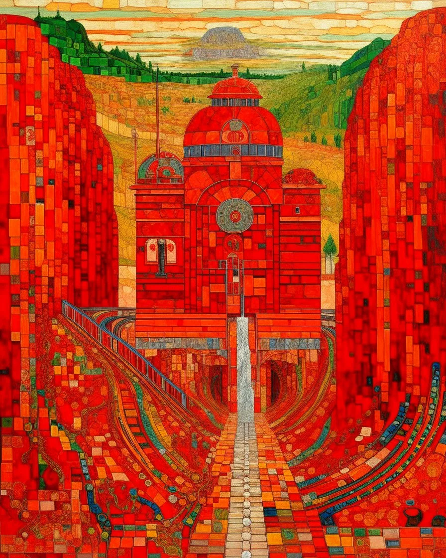 A red pixelated mine with railroads designed in Kuna molas painted by Gustav Klimt