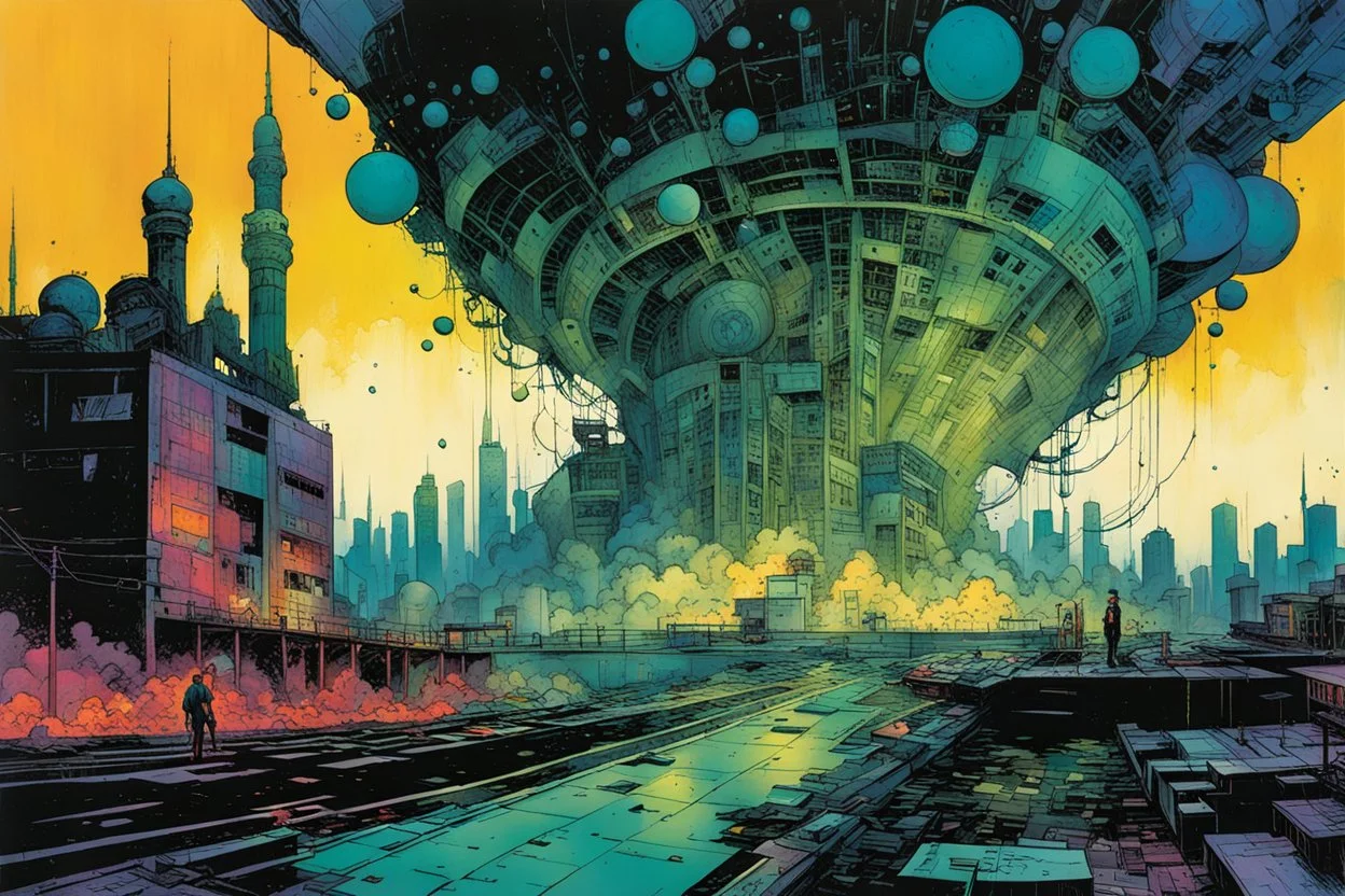 create a wildly abstract and chaotic illustration of an inter-dimensional portal to a highly detailed irradiated, fetid, gaseous and decayed future Istanbul under a poisonous gloom utilizing asymmetric structural forms, in the comic book art style of Bill Sienkiewicz, Mike Mignola, and Jean Giraud Moebius, finely textured, drawn, colored, and inked