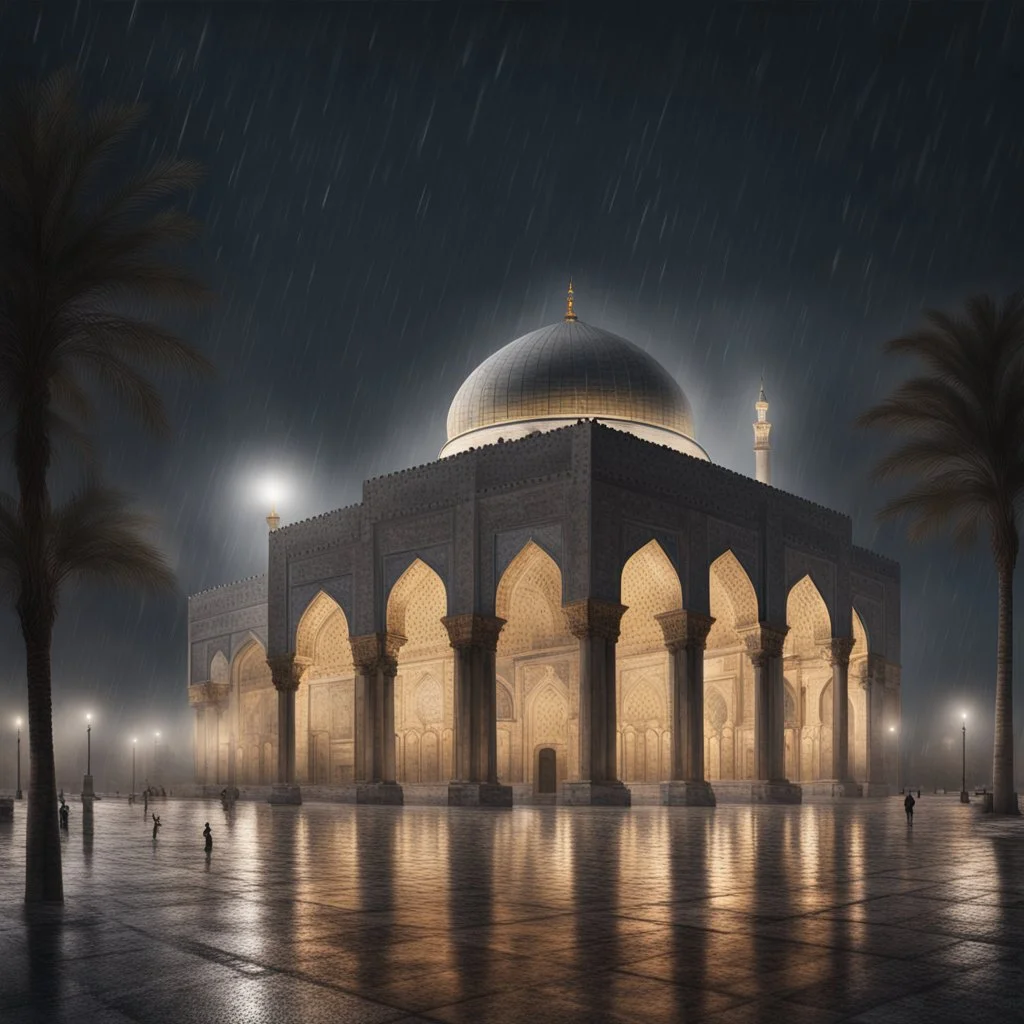 Hyper Realistic Al-Aqsa Mosque in a dark rainy night