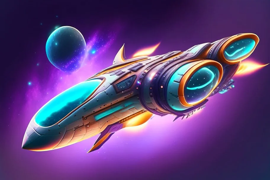 unique design of a small spaceship cruising through the gAlaxy