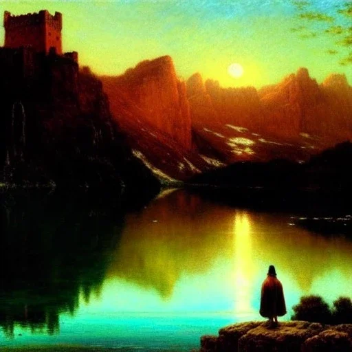 Drawing of 'Medieval Romanian Castle',mountain,lake,full moon, by gaston bussiere, greg rutkowski, yoji shinkawa, yoshitaka amano, tsutomu nihei, donato giancola, tim hildebrandt, oil on canvas, cinematic composition, extreme detail,fit full head inside picture,16k