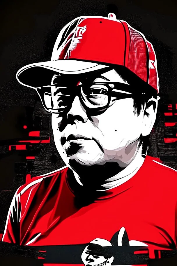 Ilustración vectorial de Gustavo Petro con gorra deportiva camisa colores negro, blanco y rojo, fondo negro