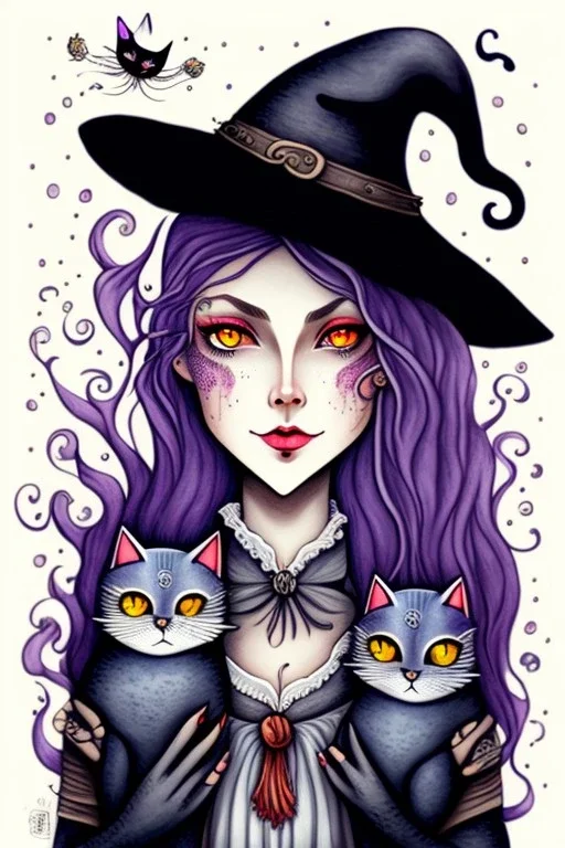 Cute friendly witch, playing with cute cats, perfect eyes, perfect iris, ink and pencil, style Elisabeth Kreitz