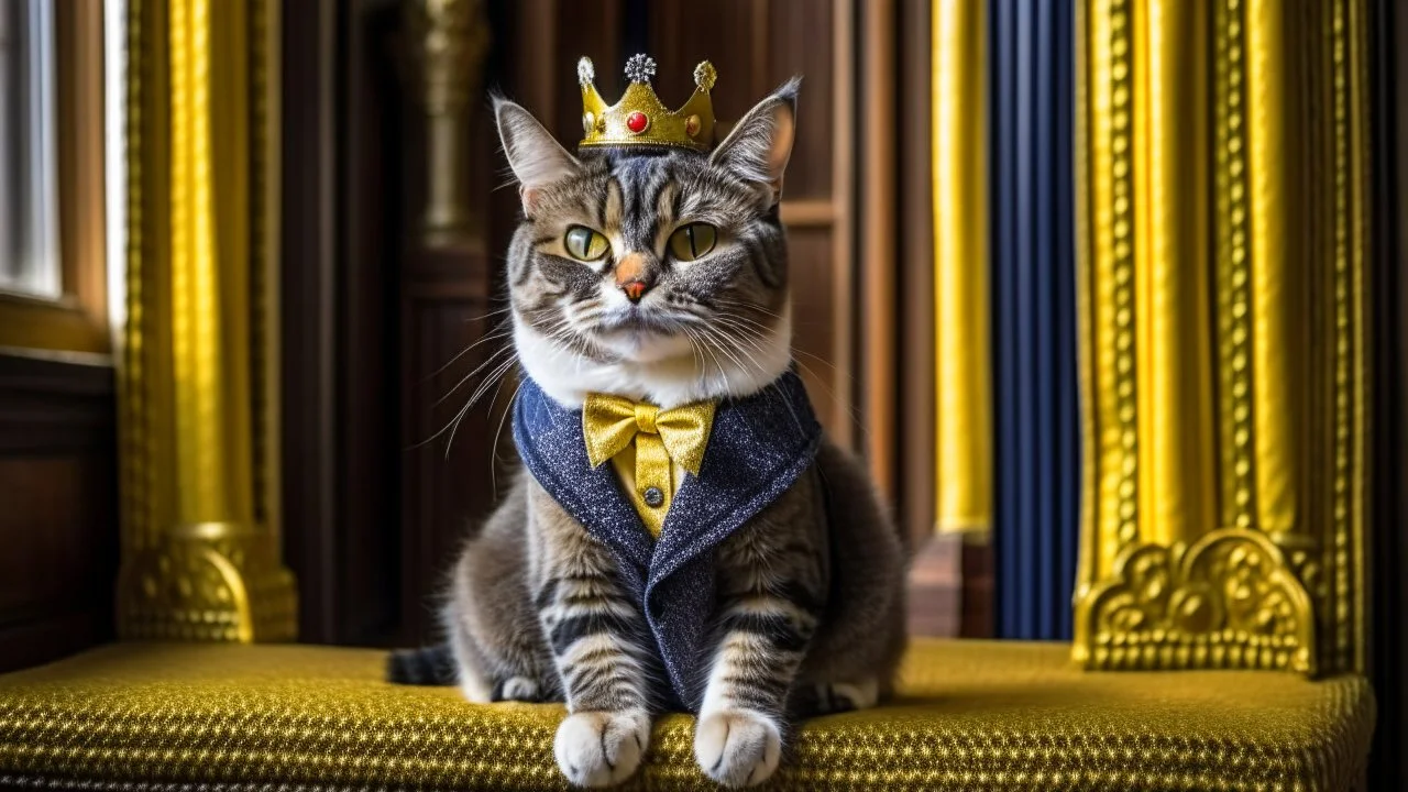 cat in a suit with a crown old castle