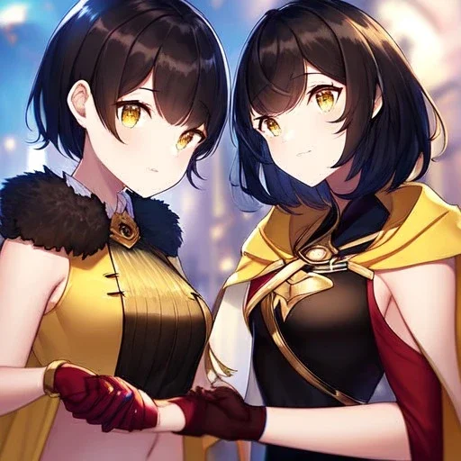 Clear focus,High resolution, Black short fluffy hair, and yellow eyes, wearing a black short skirt, sleeveless crop top, wearing long dark red gloves, yellow cloak, Holding hand out