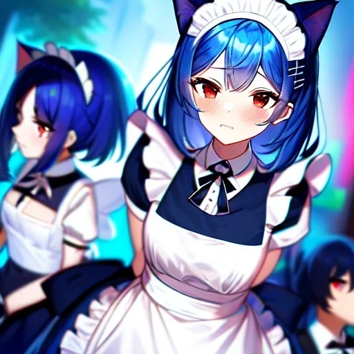 Clear focus, 8k, cat girl, high quality, detailed, blue hair, red eyes, beautiful lighting, vibrant colors, nervous, maid