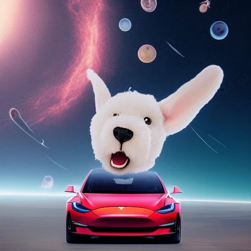 Kim Kardashian driving a Tesla Model 3 flying in outer space with a stuffed puppy in the passenger seat