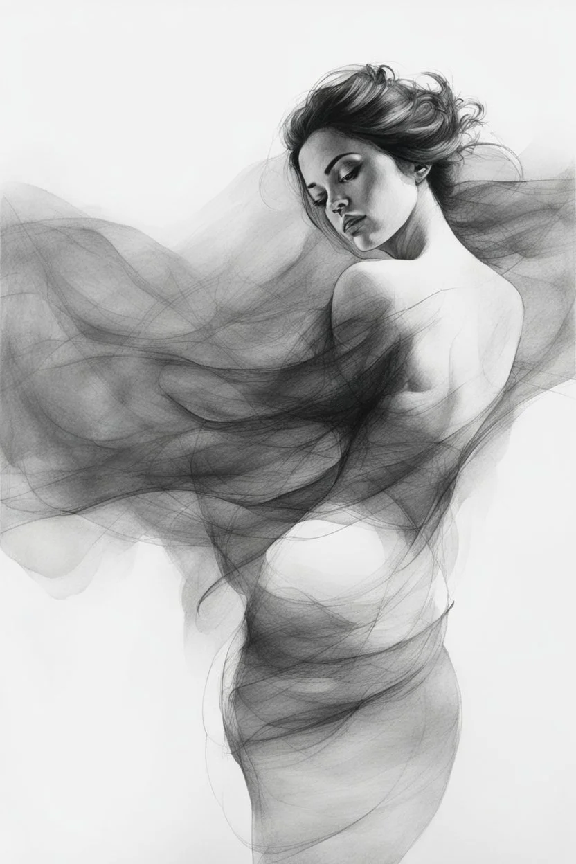 black and white expressive and abstract drawing of a full woman figure, contrast and detailed pencil trace texture, on drawing paper ar2:3 without shading