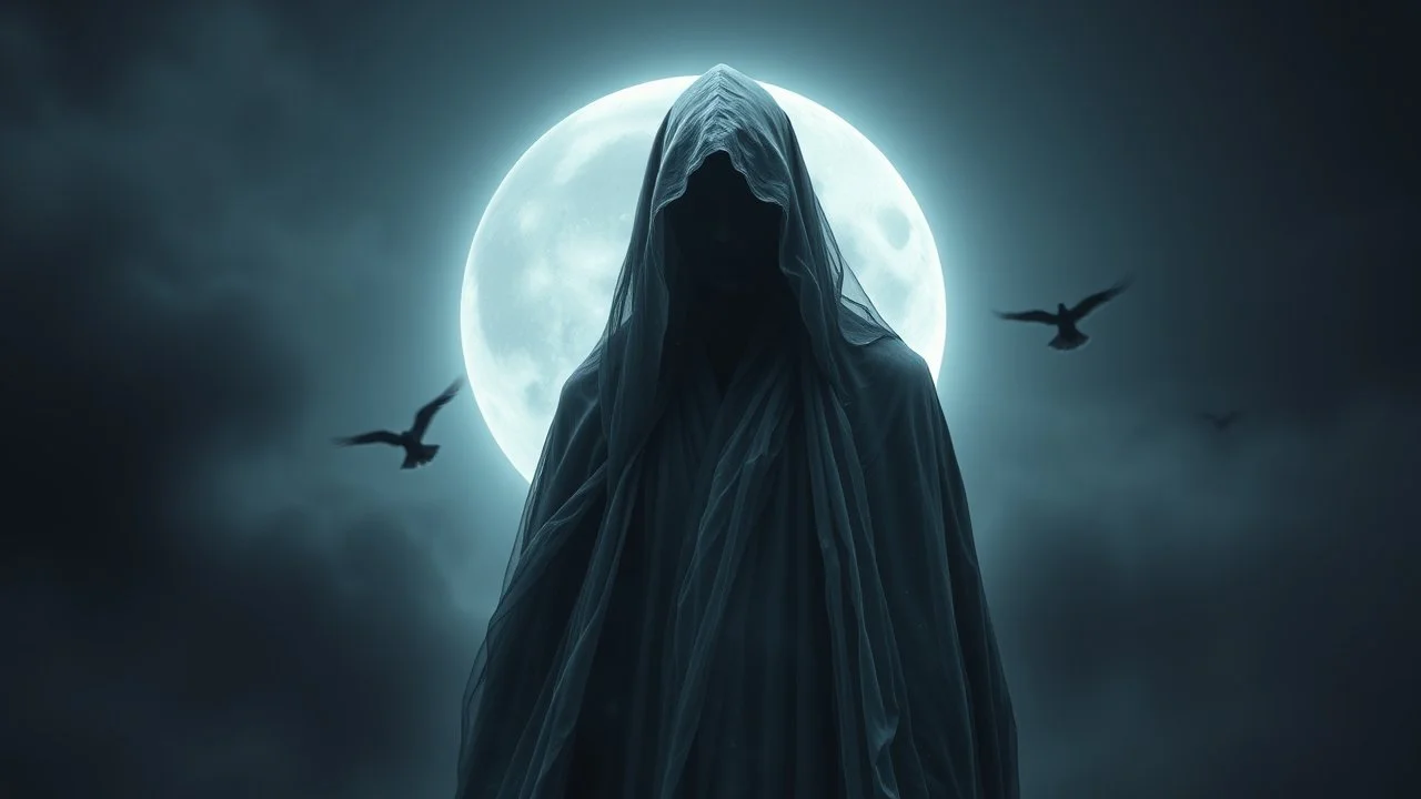 In a mesmerizing and ethereal manner, an otherworldly being emerges in the form of a translucent grey hood statue flowing smoky black robes. Forward facing full moon and birds in the background