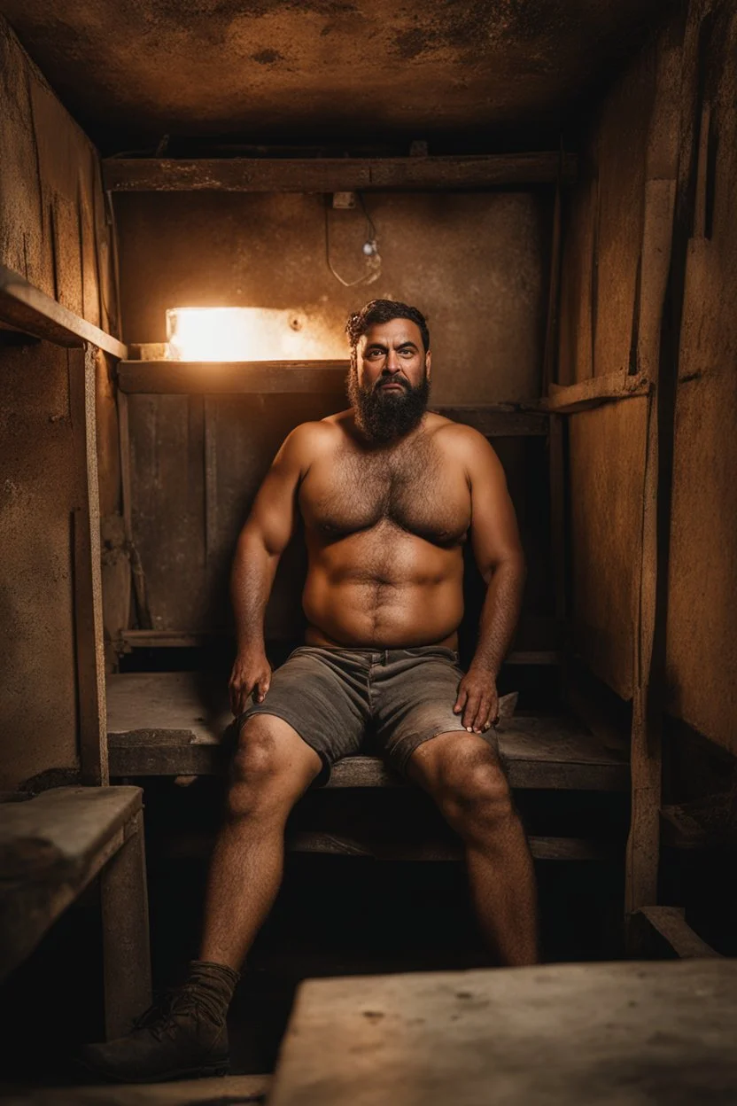 full figure shot photography of a 40-year-old arab angry beefy tattoo very hairy sweaty worker sitting spread-legged in an old sofa inside a construction site shed, big shoulders, boots, dressed in bulging shorts,shirtless, stubble, big manly legs, hairy chest, serious eyes, midnight, dim neon lights illuminating and shine on the beards of sweat that fill his large chest, photorealistic , ambient occlusion, view angle from the ground