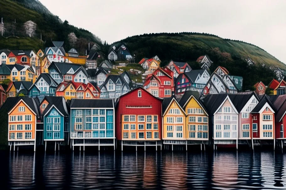Colored pencil drawing, Very detailed, Realistic, Drawing of the colorfull houses in the city Bergen in Norway. Colorfull, professional, detailed, pencil strokes, calm composition, zoom out.