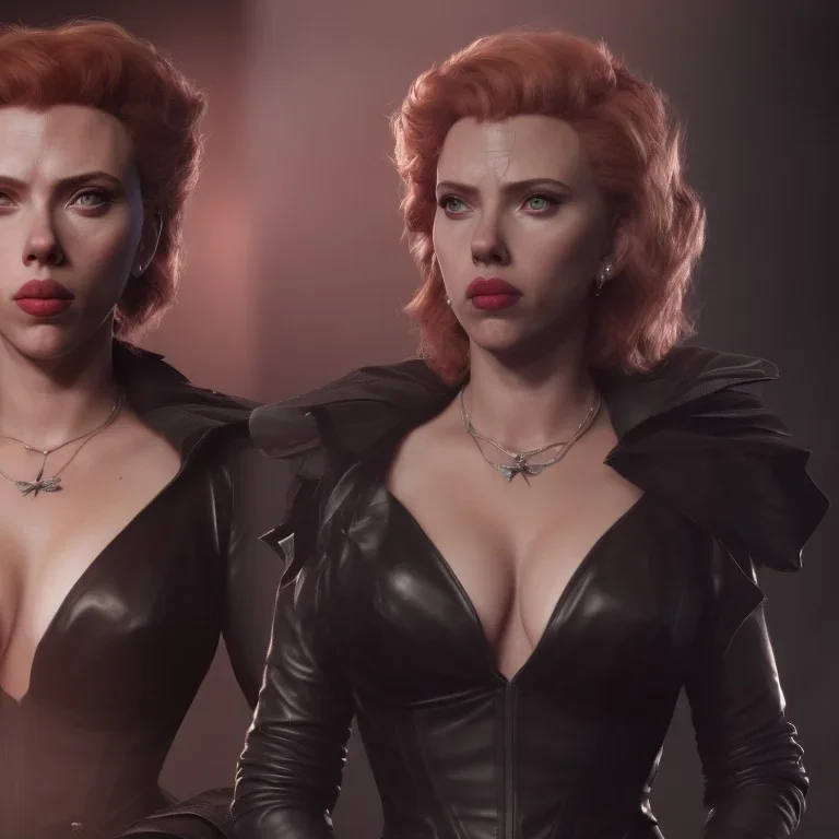 Scarlett Johansson as evil queen in black leather gown, cleavage, angry, stern look unreal 5, octane render,cinema4d, dynamic lighting, dramatic lighting, 4k, redshift render, highly detailed, hyper realistic