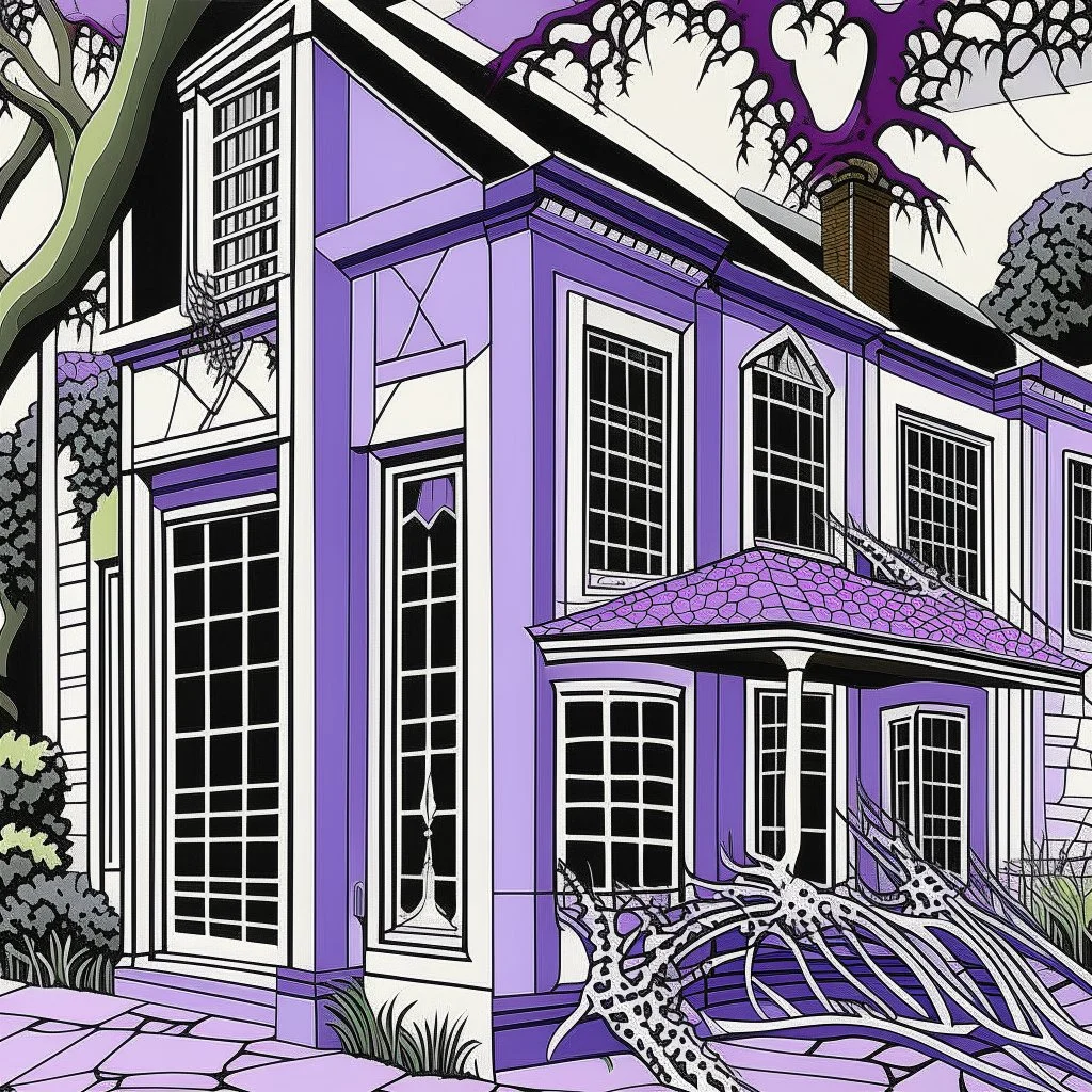 A light purple mansion with spiders painted by Roy Lichtenstein