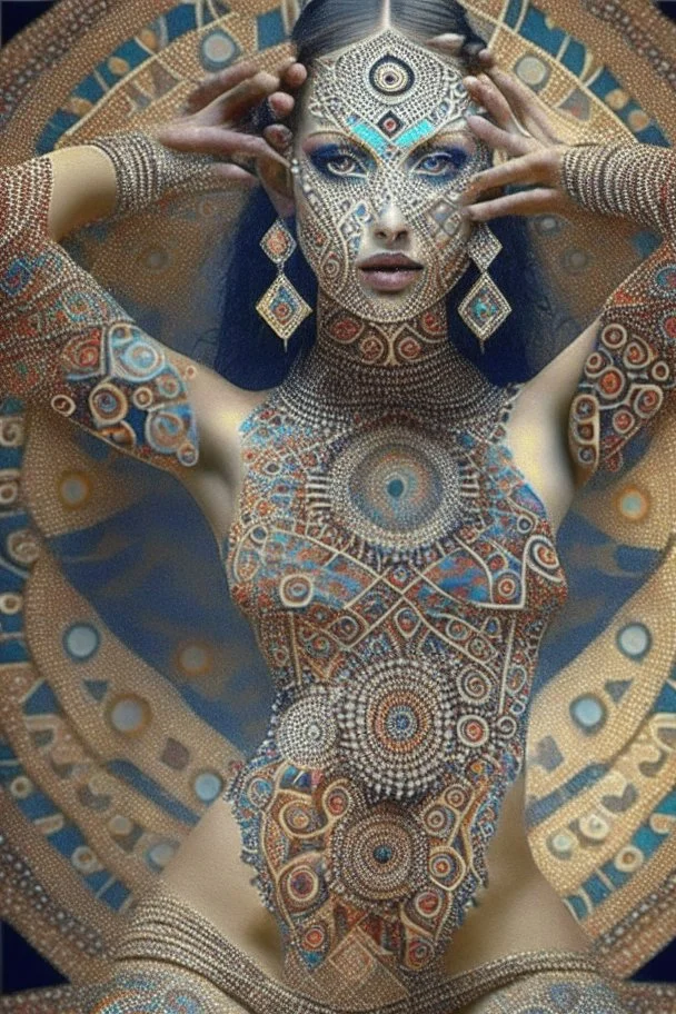 gypsy dancing, Feng Shui, optical illusion body art, chaotic matrix patterns, intelligent use of composition, creative use of textures, unique repeating patterns, perfect body parts, Perfect hands, perfect nose, perfect ears, Perfect feet, perfect symmetrical eyes