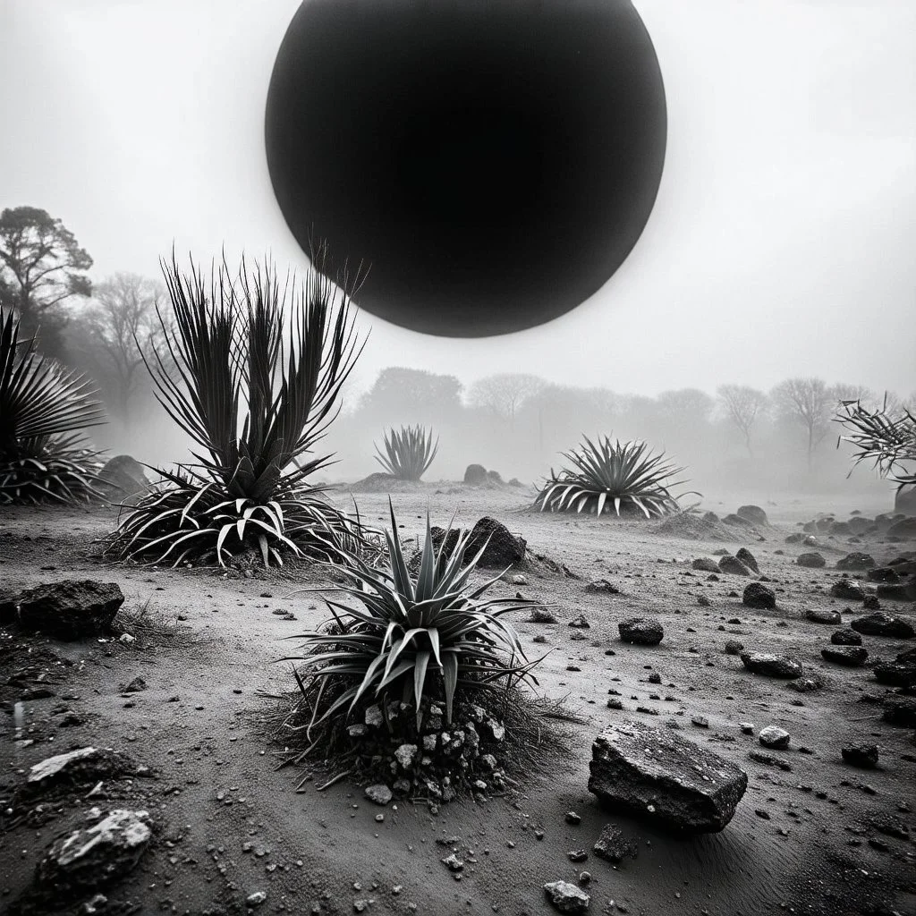 A striking quality Kodak photograph captures a wasteland with monsters and group of plants, creepy, details of the dust very accentuated, glossy organic mass, adorned with minerals and rocks. Bathed in intense light, eerie, Max Ernst style, black sun, fog