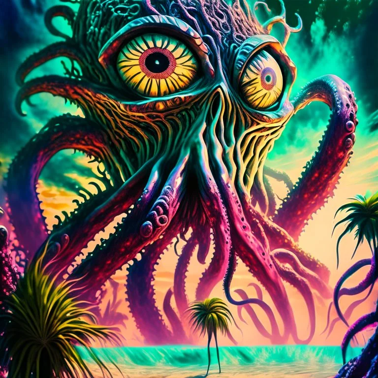 Monster from the ocean floor octopus tentacles big eye woman in distress Beach Palm trees 1950s vintage film poster Modifiers: digital painting sharp focus fantasy intricate 8k cinematic lighting dynamic lighting award winning fantastic view close up 4K 3D Unreal Engine colourful cinematic postprocessing VRay Landscape Ultra realistic Iridescent salvator dali Craig Rutkowski