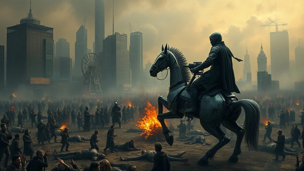 detalied cyberpunk interpretation of Bruegel's "The Triumph of Death", capturing the symbolic "harvest" of humanity. this is terror. A dystopian metropolis under smog sky, cybernetic soliders reapers are executing physical harvest many of humans citizens killed army of cyberwarrior androids and robotic soliders, many panicking and run away people ,many bodies lying on the ground. a cyber-death warrior in black hood with futuristic gun on an mechanical robotic horse, thriller, cinematic