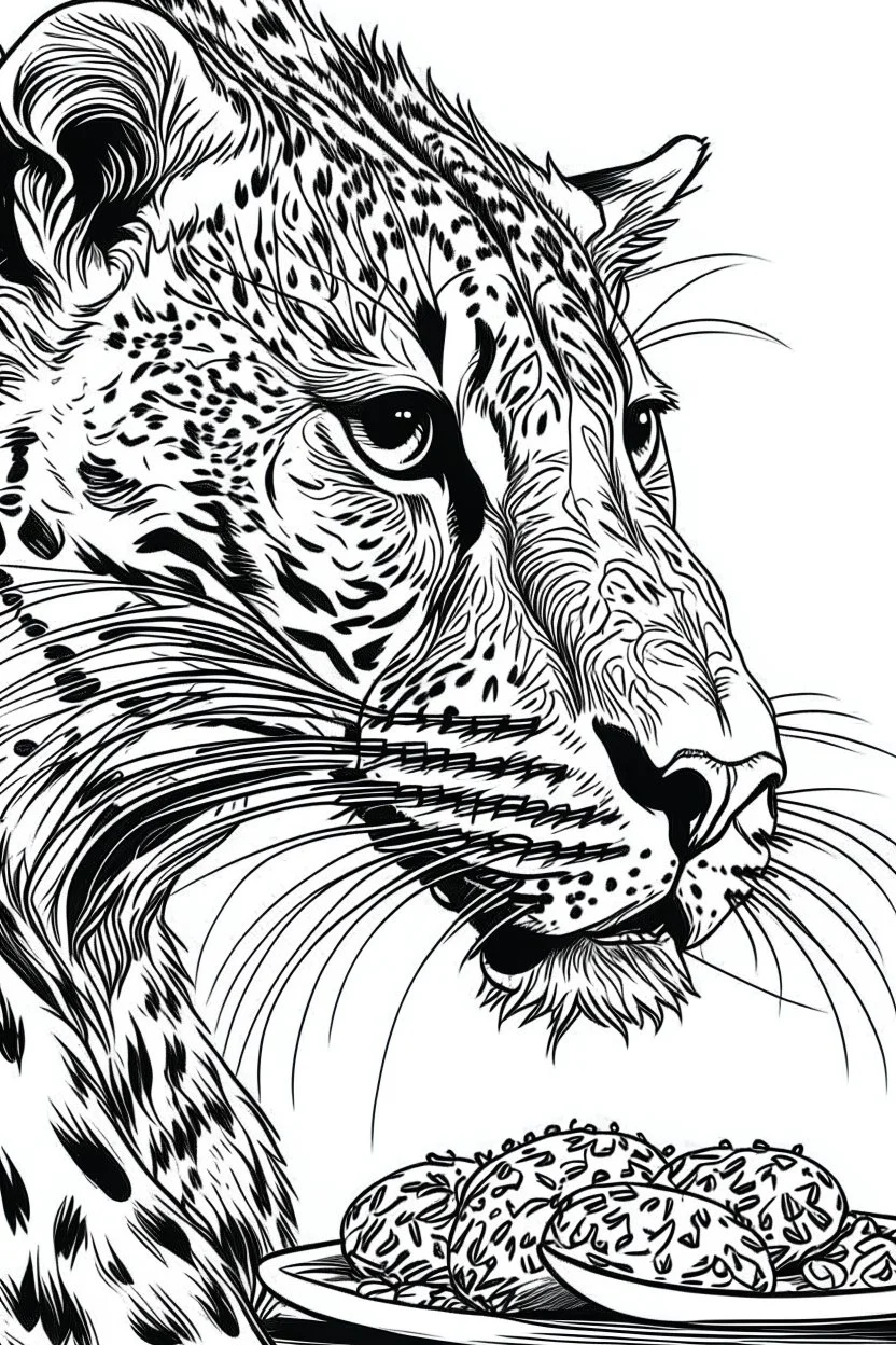 Outline art, cheetah eating food, cartoon style, black and white, low detail, no shading, --ar 9:11