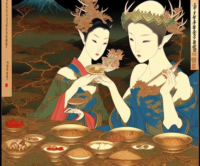 Magical mountain an elf, queen feeds near the deer, ukiyo-e