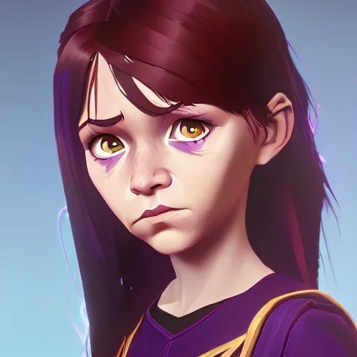 Portrait of a sweet 9 year old warlock toddler girl with brown hair with bangs and blue eyes