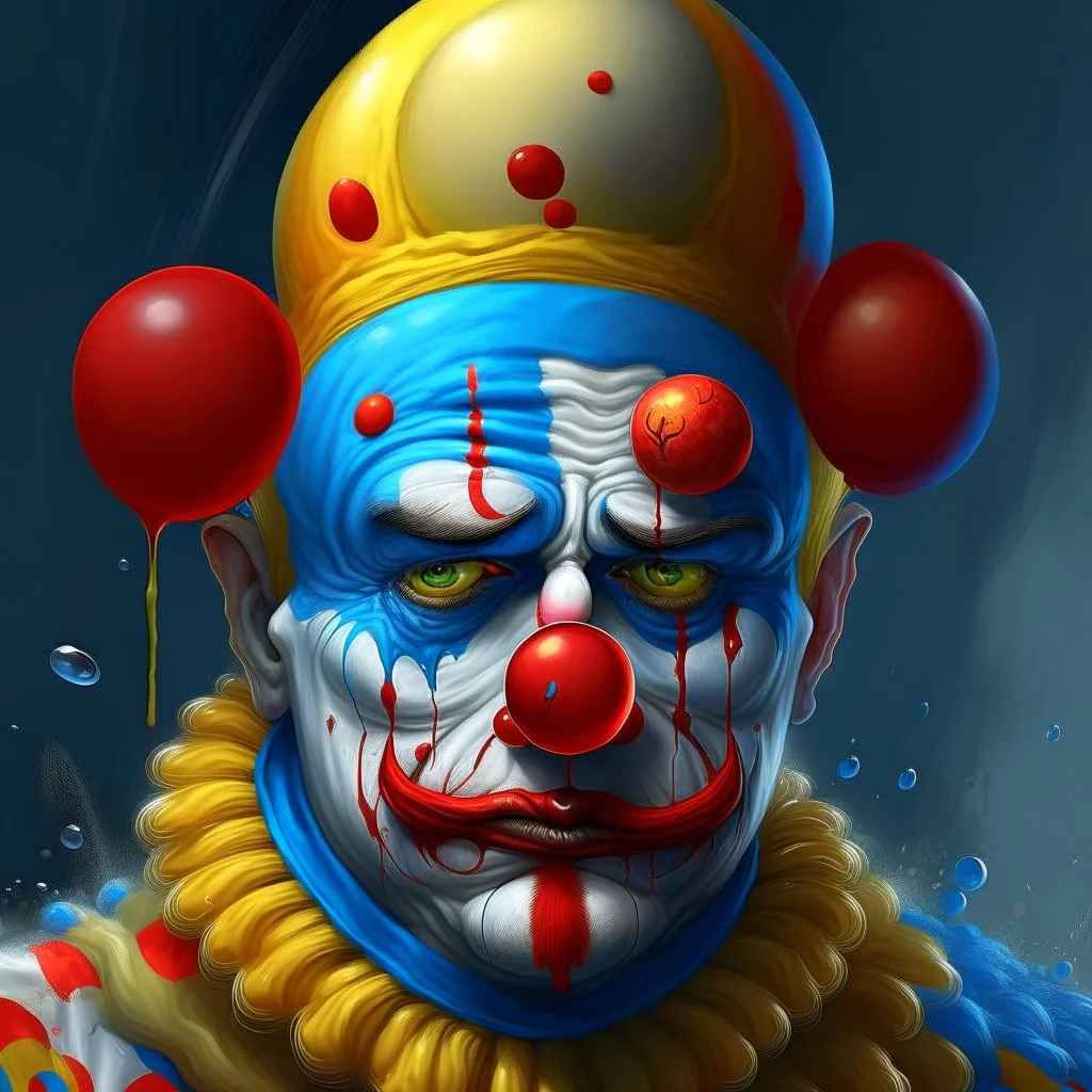 A lone and sad clown in a vibrant A surreal, hyper-realistic digital artwork of a human man clown with a cracked eggshell as the top of his head, revealing a raw egg yolk and egg white spilling down his red nose and his face face. The clownn’s facial expression is introspective and solemn, with piercing blue eyes gazing upward. The egg yolk is glossy, vibrant orange, and the egg white drips realistically down his sad face, emphasizing texture and gravity. The background is a sidewlk, soft gradie