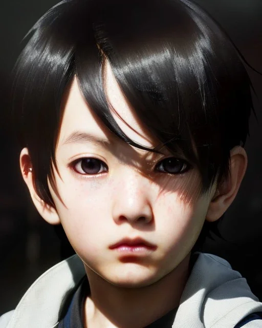 Detailed young anime boy child.crying, dark brown hair , intricate details, full body portrait, keep head in frame, slight, black Japanese motif, concept art, highly detailed, digital painting, concept art, sharp focus, illustration, art by Yoji Shinkawa, WLOP and greg rutkowski and alphonse mucha and artgerm and yanjun Chen and Junji ito and Makoto Shinkai, HDR, octane render