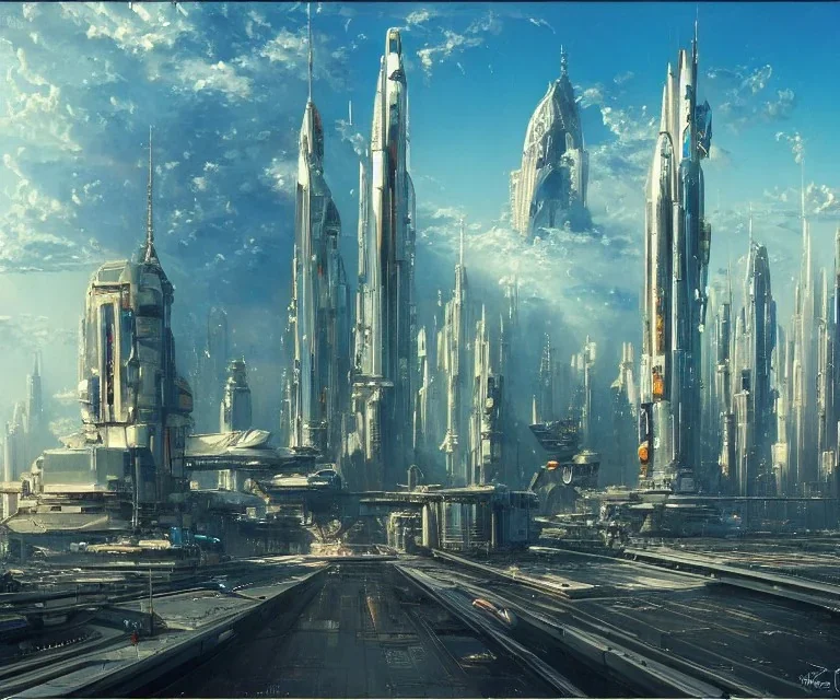 A Spaceship is taking off,Space Center on a heavy industrialized planet with a futuristic city in the background, (retrofuturistic:2), art by John Berkey, buildings with glass facades, brutalist architecture, insanely detailed, vibrant, 8k uhd, cinematic atmosphere, ultra-wide angle, street level view, brush strokes, blue sky with clouds, dramatic sunset, sharp focus