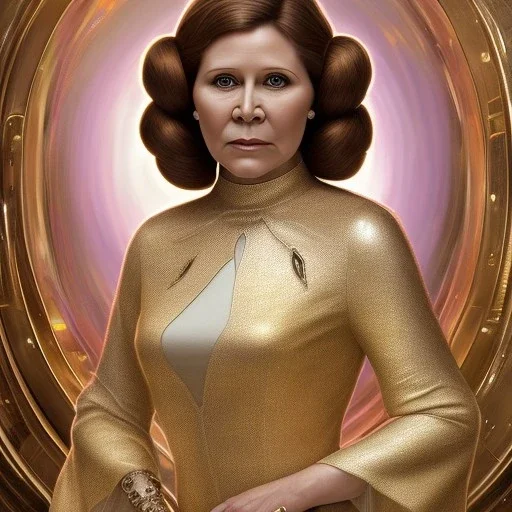 hyperspace background, complete and photo realistic detailed head to waist stunning photo realistic portrait of carrie fisher as Princess Leia in star wars with photo realistic updo hair by Mandy Jurgens and mucha and Richard Schmid and chuck close and chie yoshii, extraordinary and detailed ceremony dress of star wars,brown eyes