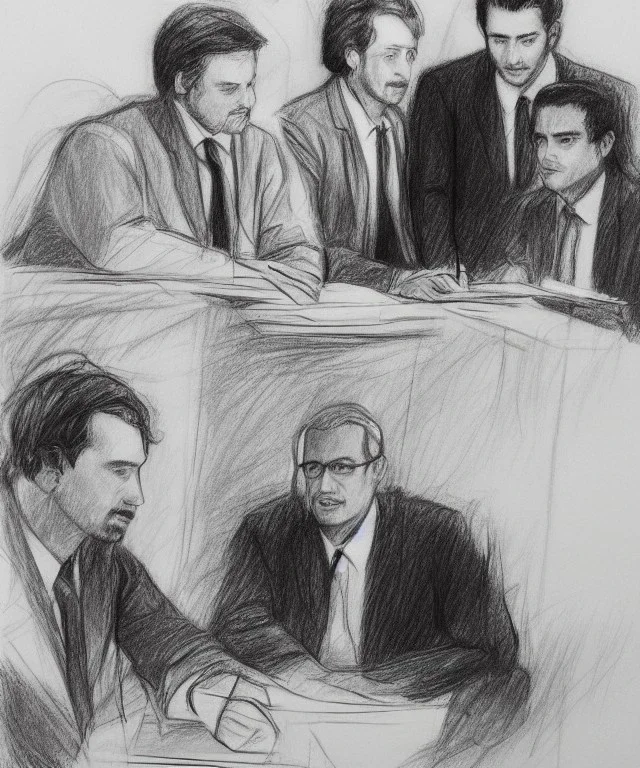 Pencil sketch of Four doctors are discussing ، on lined paper