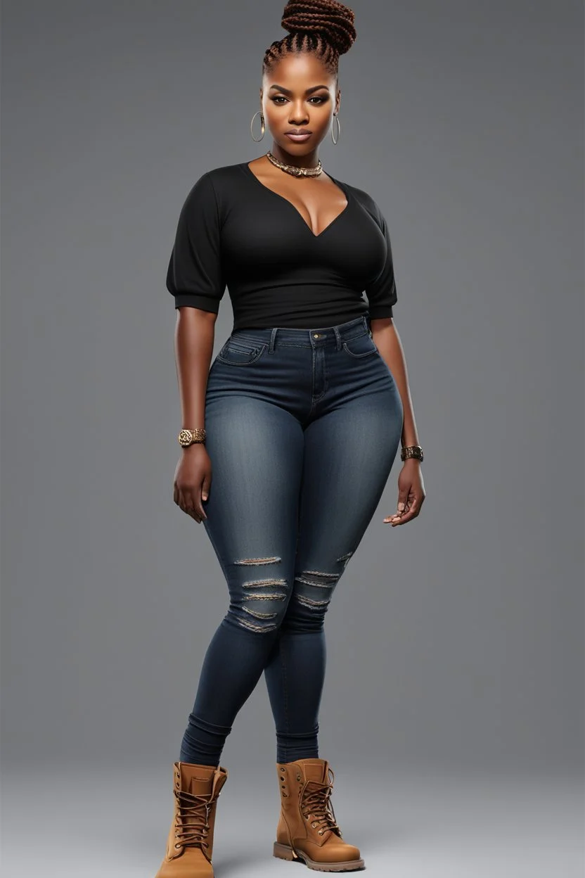 Create a digital image of a curvy black female wearing tight cut up jeans and a black tshirt with timberland boots. Prominent make up with hazel eyes. Highly detail two cornrows going down her head.