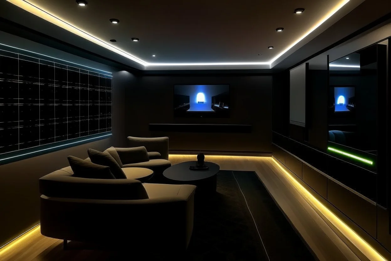 a dedicated home cinema room with LED ambient lighting in the walls