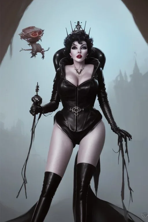 Joan Collins as evil queen in black leather, leather, busty, cleavage, angry, stern look. character design by cory loftis, fenghua zhong, ryohei hase, ismail inceoglu and ruan jia. unreal engine 5, artistic lighting, highly detailed, photorealistic, fantasy