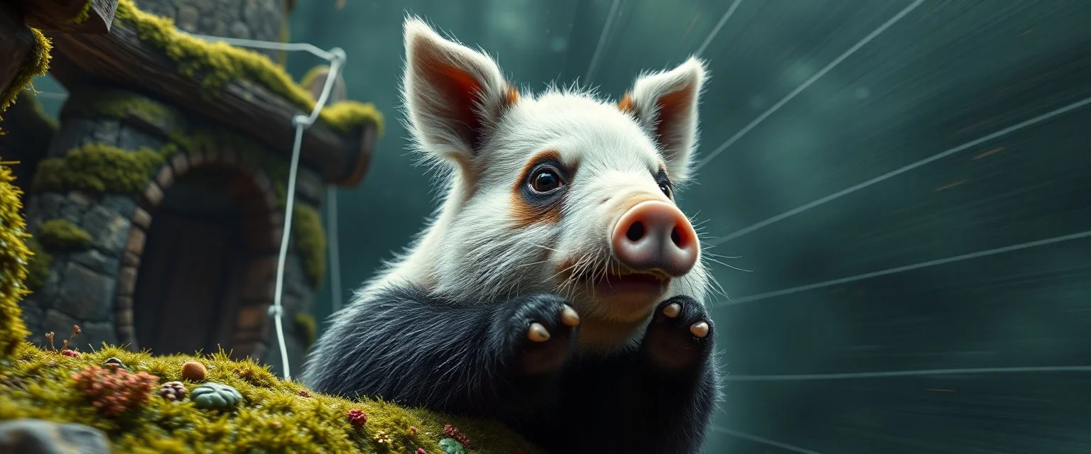 the high speed magical face of a fluffy panda horse pig star with charm and head set in web from mossy tower, master oil painting by Rembrandt and Escher, in his moss covered space ship , brightened edges to give a sense of depth, motion blur