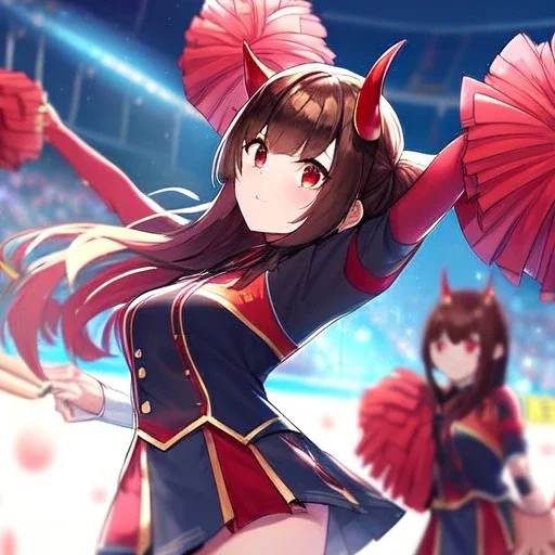 Clear focus,High resolution,High quality, Black long hair, Red eyes, Red horns, Cheerleader