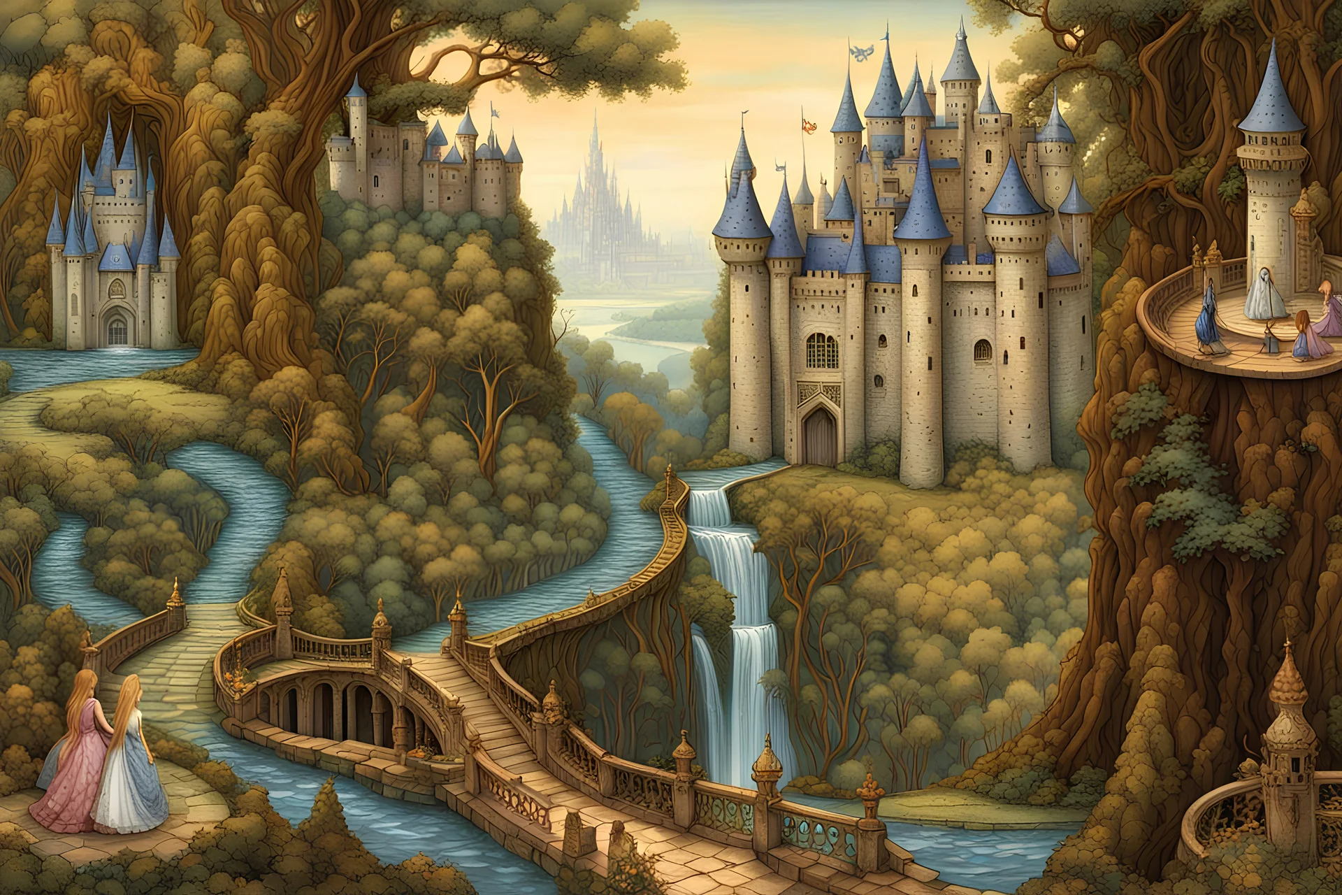 An intricately detailed watercolor depicting a castle, divided into four distinct sections, applying artistry reminiscent of masters such as Cicely Mary Barker, H. R. Giger and Beksiński. The areas of the castle each tell a different aspect of an enchanting children's story: a quiet, magical wonderland, a forest of fairies, butterflies, a waterfall, a lake, rendered with chrome.