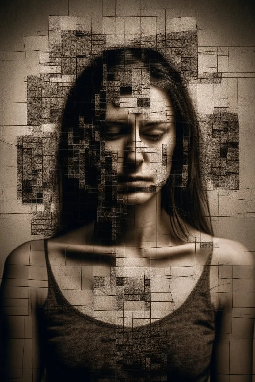 a distressing, haunting image of a person in square segments